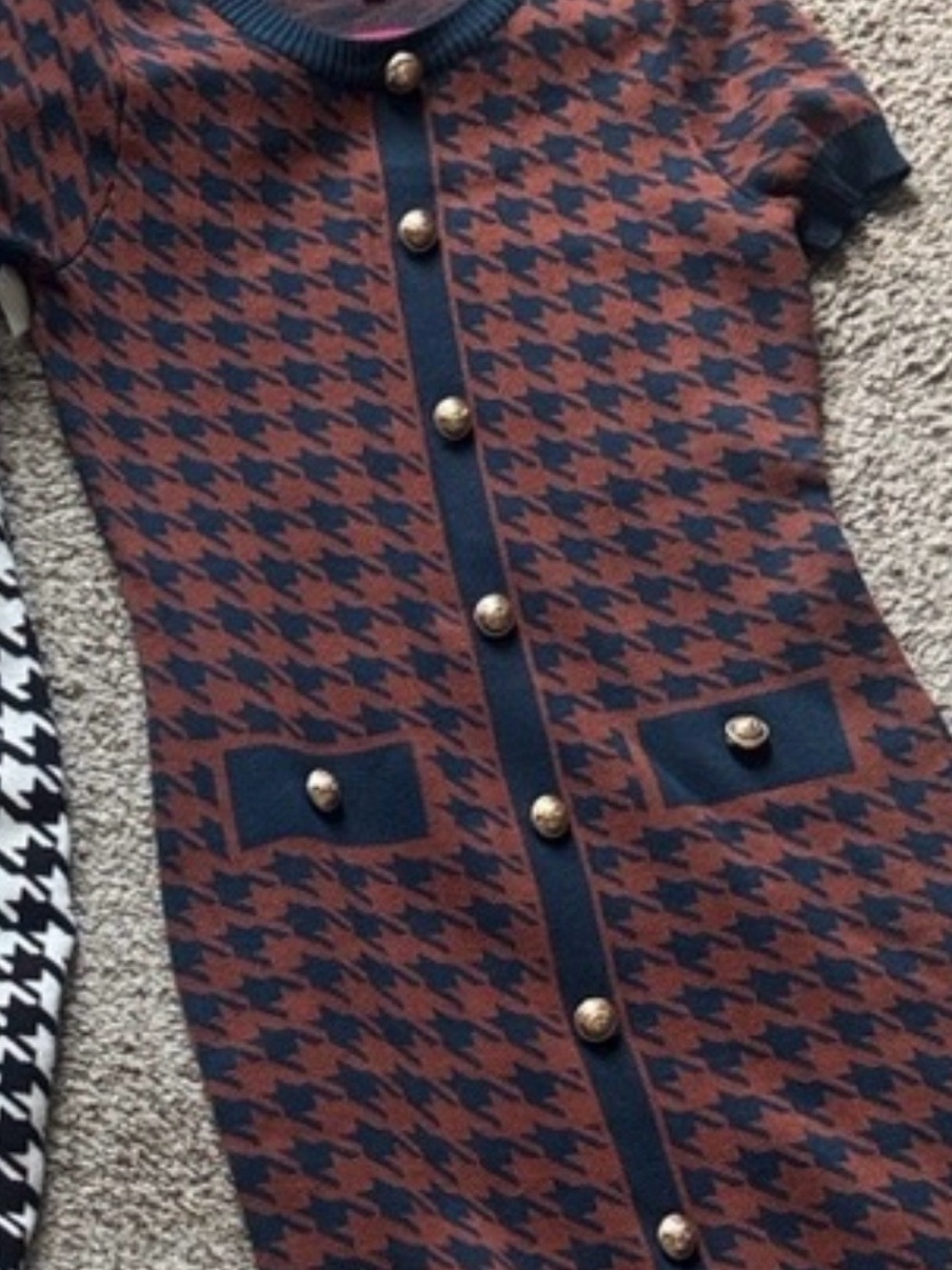 Fashion Nova Navy and Brown Houndstooth Knit Dress